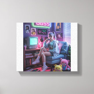 Y2K Gamer Tjej Vibes – Retro Teknik & Neon Rum Est Canvastryck