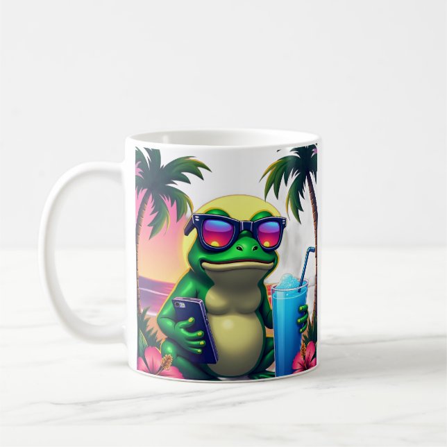Y2K Grumpy Groda Vaporwave Retro Tropisk Solnedgån Kaffemugg (Vänster)
