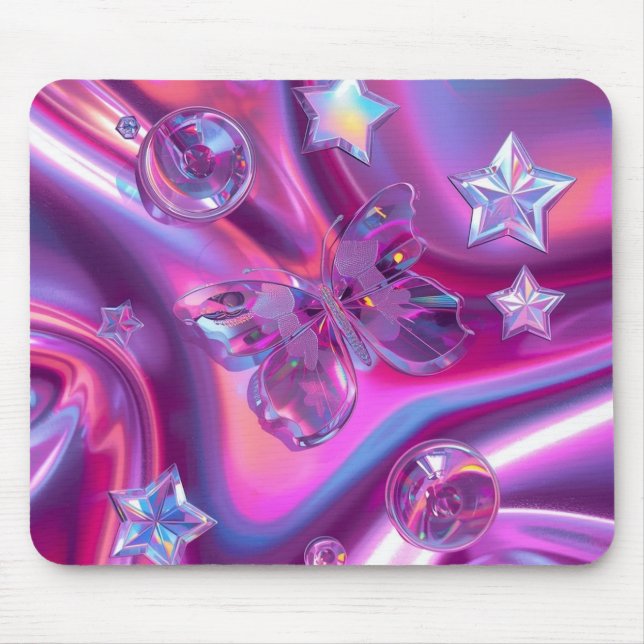 Y2K Holographic Gradient Mouse Pad | Chrome Stars Musmatta (Framsidan)