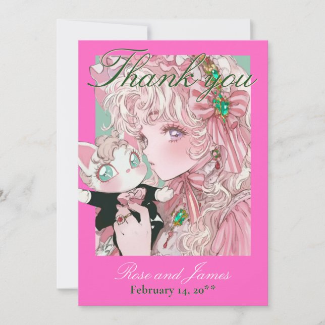 Y2K Pink Anime Gothic Cat Wedding Thank You Card (Framsida)