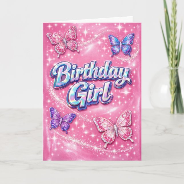 Y2K Sparkle Pink Butterfly Birthday Girl Card Kort (Framsida)