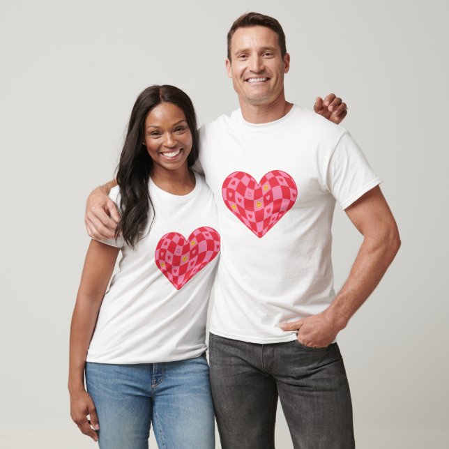 Y2K Trendy Pink Checkerboard Heart Smiley Face  T Shirt (Unisex)