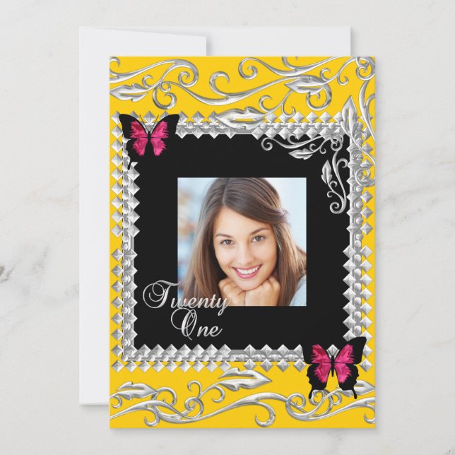 Y 21:a födelsedag Party Rosa Black Butterflies Inbjudningar (Framsida)