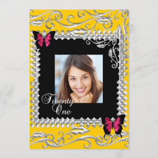 Y 21:a födelsedag Party Rosa Black Butterflies Inbjudningar
