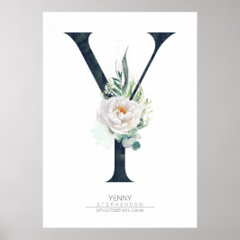 Y Bokstavsmonogram Vita Blommor och Grönska Poster