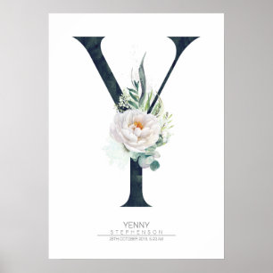 Y Bokstavsmonogram Vita Blommor och Grönska Poster
