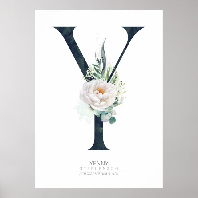 Y Bokstavsmonogram Vita Blommor och Grönska Poster (Framsidan)