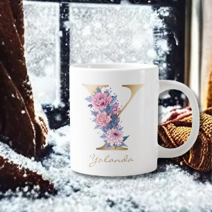 Y Brev Guld Monogram Rosa Blue Blommigt Jumbo Mugg