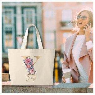 Y Brev Guld Monogram Rosa Blue Blommigt Jumbo Tygkasse