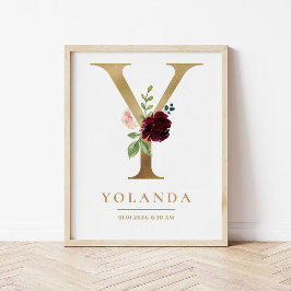 Y Brev Monogram Namn Marsala Blommigt Nursery Poster