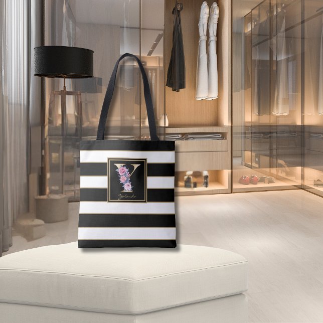 Y Guld Blommigt Monogram | Svartvit Guld Rand Tygkasse (Skapare uppladdad)