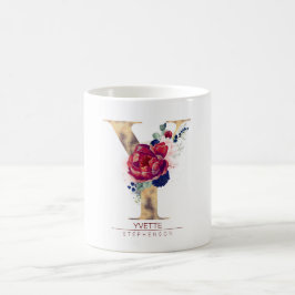 Y Monogram Blommigt Burgundy Red and Navy Blue Kaffemugg