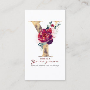 Y Monogram guldfärgad Blommigt och Burgundy Red Visitkort