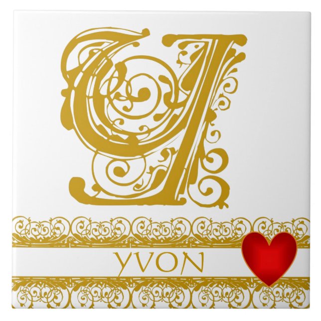 Y Monogram Namn Guld Snöre Red Heart Template Tile Kakelplatta (Framsidan)