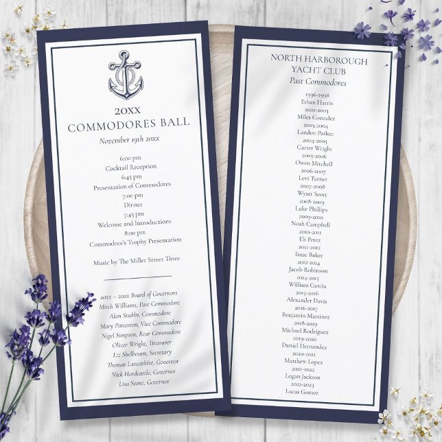 Yacht Club Marinblå Menyprogram (Yacht Club Nautical Navy Blue Menu Program)