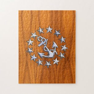 Yacht Flagga Sign på Nautical Teak Wood Print Pussel