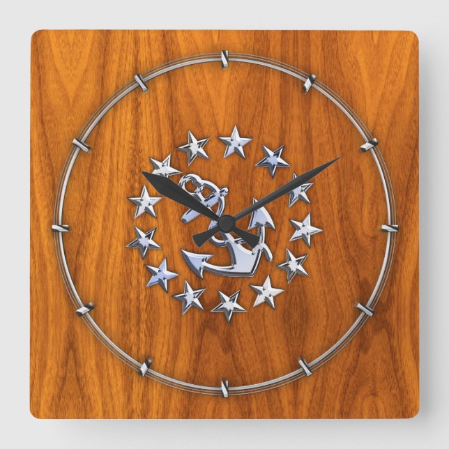Yacht Flagga Symbol på Nautical Teak Wood Print Fyrkantig Klocka (Framsida)