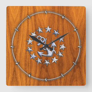 Yacht Flagga Symbol på Nautical Teak Wood Print Fyrkantig Klocka