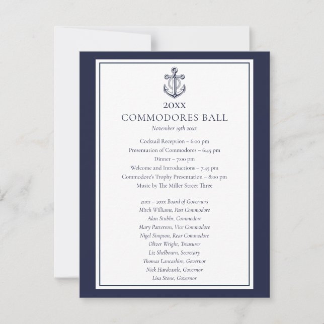 Yacht Klubb Nautical Navy Blue Menu Program (Framsida)