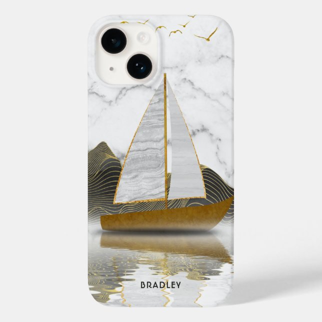 Yacht Sailing Snyggt Modern Guld Marble Namn (Baksida)