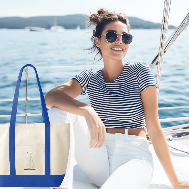 Yacht Segelbåt Contrast Trim Tygkasse (Sail boat personalized canvas boat tote)