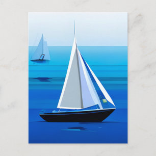 Yacht under segel, koboltblått vykort