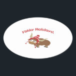 Yakky Helgdagar! Winter Yak Ovalt Klistermärke<br><div class="desc">Yakky Helgdagar! Cute jak ut i snö med en fantastisk stripe</div>
