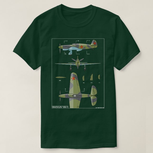 Yakovlev Yak1 Ryskt WW2 Fighter Flygplan Diagram G T Shirt (Design framsida)