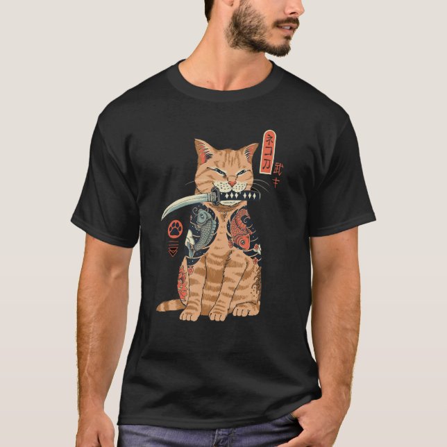 Yakuza Cat Japanska Samurai Sword Katana Japan Tig T Shirt (Framsida)