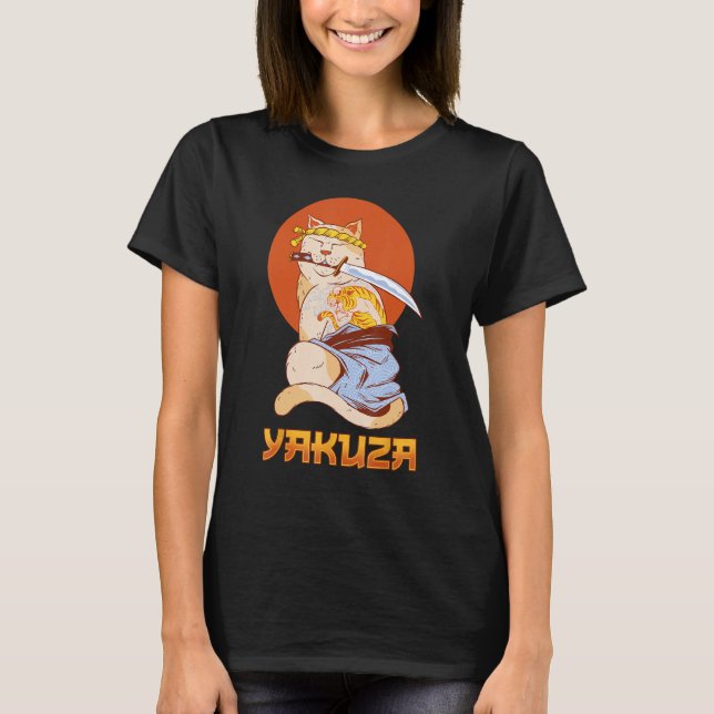 Yakuza Cat Japanska Samurai Sword Katana Japan Tig T Shirt (Framsida)