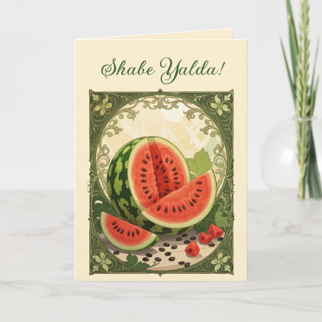 Yalda-vattenmelon persisk vintersolståndssymbolik helgkort (Framsida)