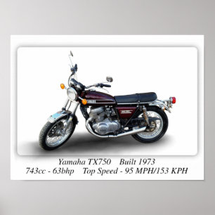 Yamaha TX750 1973 Motorcykel - Storlek A3/A4-utskr Poster