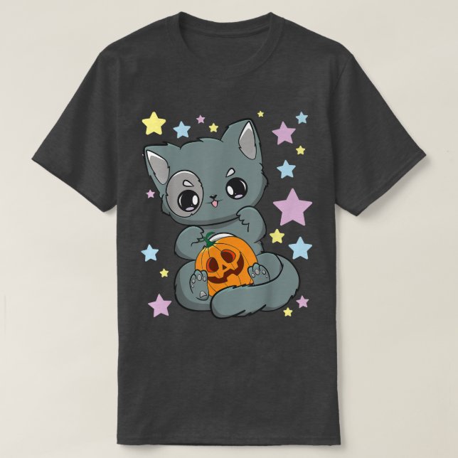 Yami Kawaii Chibi Anime Cat Neko Goth Pumpkin Fair T Shirt (Design framsida)