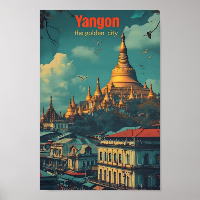 Yangon Myanmar Vintage Art Travel Illustration Poster (Framsidan)