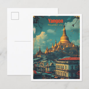 Yangon Myanmar Vintage Art Travel Illustration Vykort
