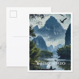 Yangshuo China Vintage Art Travel Illustration Vykort