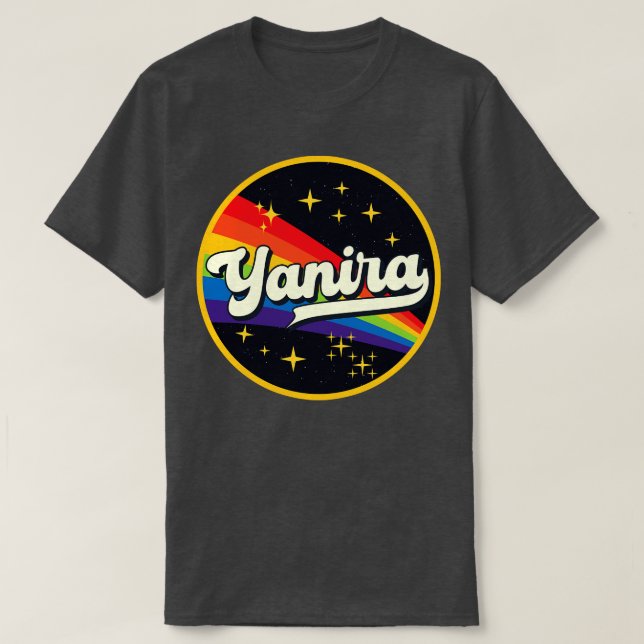 Yanira Rainbow in Space Vintage Stil T Shirt (Design framsida)