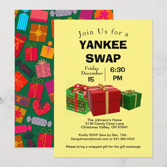 Yankee Swap Gift Exchange, Gift Background, ZPR Inbjudningar (Fram/baksida)