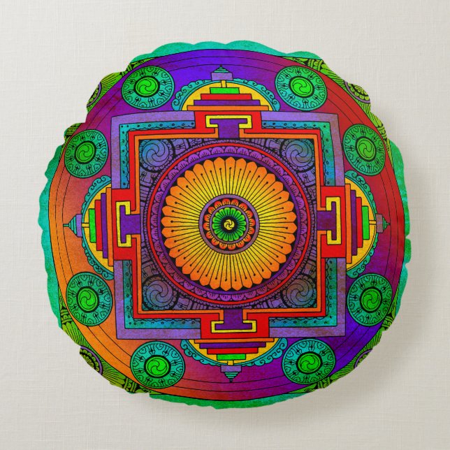 YANTRA - underbara hjulet - grönt violett Rund Kudde (Framsidan)