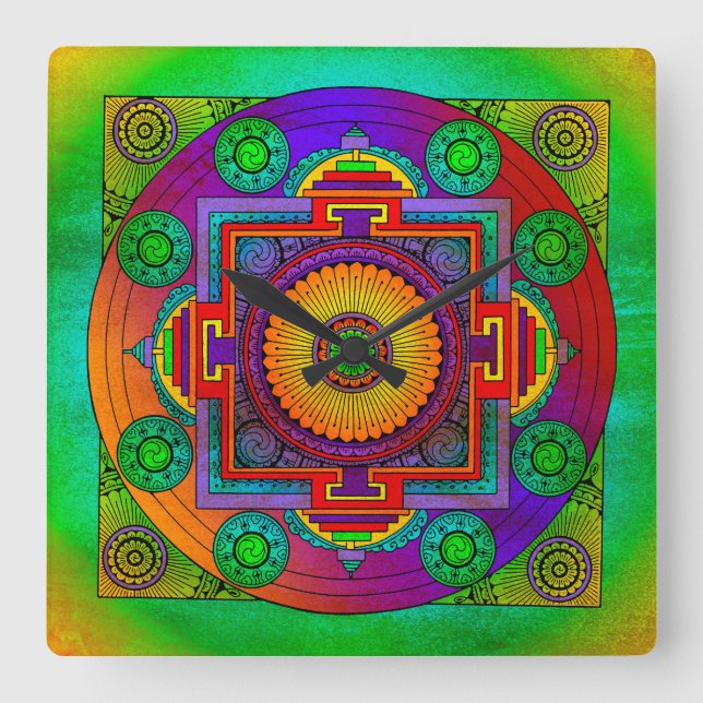 YANTRA - underbarare hjul - grönt violett Fyrkantig Klocka (Framsida)