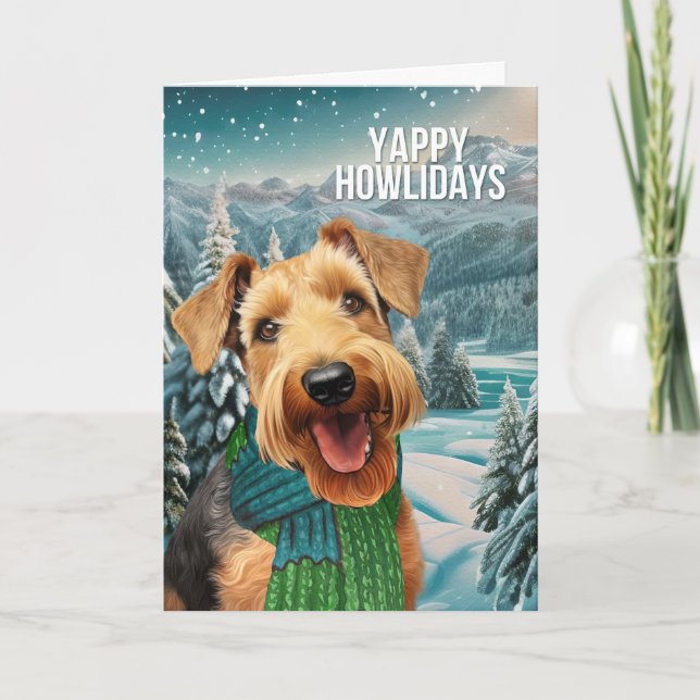 Yappy Howlidays Airedale Terrier i Winter Scarf Helgkort (Framsida)