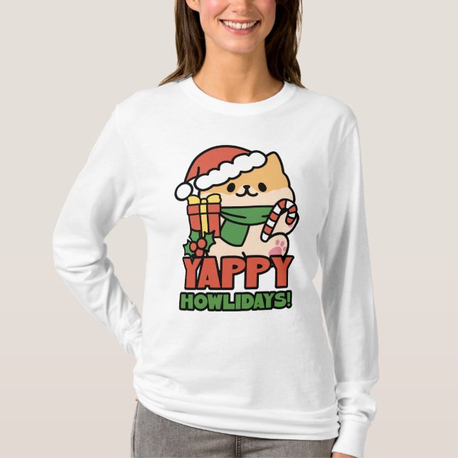 Yappy Howlidays - Cute God-Tecknaden Hund T Shirt (Framsida)