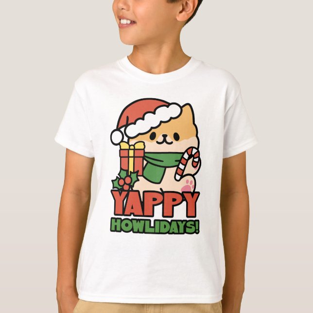 Yappy Howlidays - Cute God-Tecknaden Hund T Shirt (Framsida)