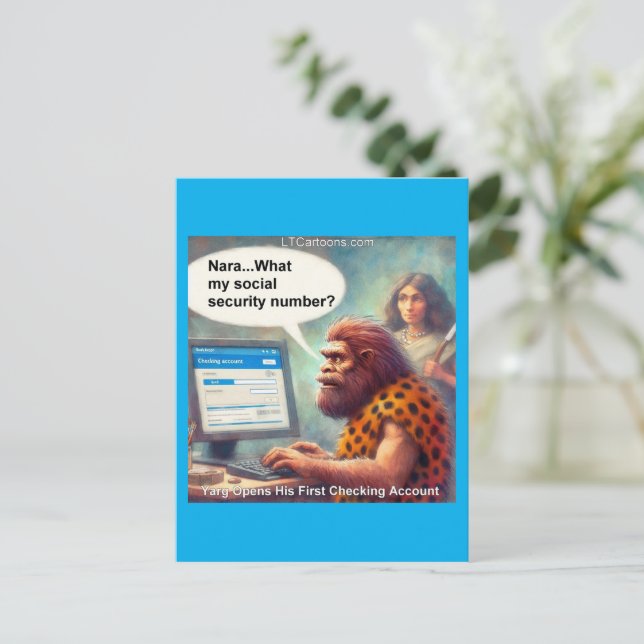 Yarg’s First Login: Banking Like a Caveman Vykort (Stående Fram)