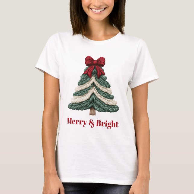 Yarn Faux Embroidery Christmas Tree Design T Shirt (Framsida)