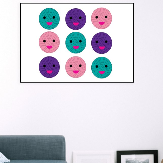 Yarn Kawaii Rosa Lila Teal Poster (A fun poster featuring kawaii balls of yarn in pink, purple and teal)
