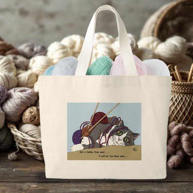 Yarn Knitting Funny Cat Jumbo Tygkasse (Skapare uppladdad)