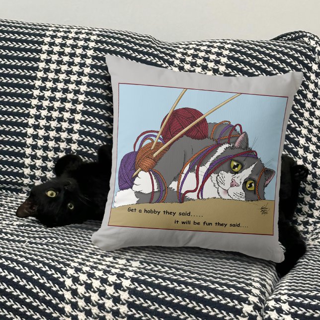 Yarn Knitting Funny Cat Kudde (Skapare uppladdad)