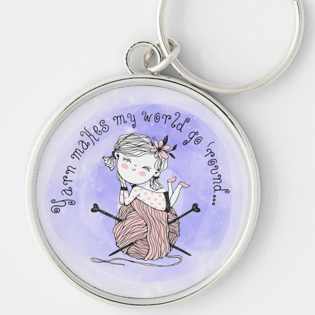 Yarn Makes My World Rund Silverfärgad Nyckelring (Framsidan)