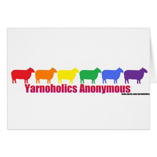 Yarnoholics anonyma regnbågefår hälsningskort (Framsidan Horizontal)